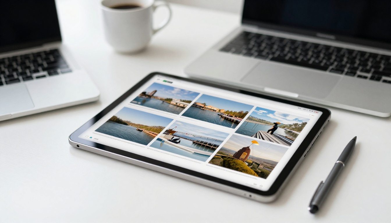 Laptop and tablet showing a digital portfolio flipbook on a desk