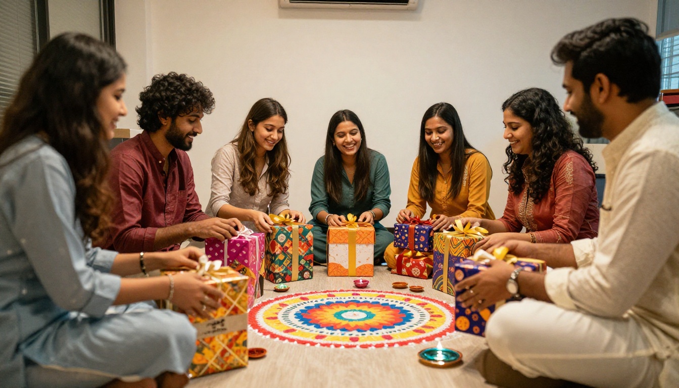 Office team unpacking Diwali gift boxes together beside a rangoli Office team unpacking Diwali gift boxes together beside a rangoli