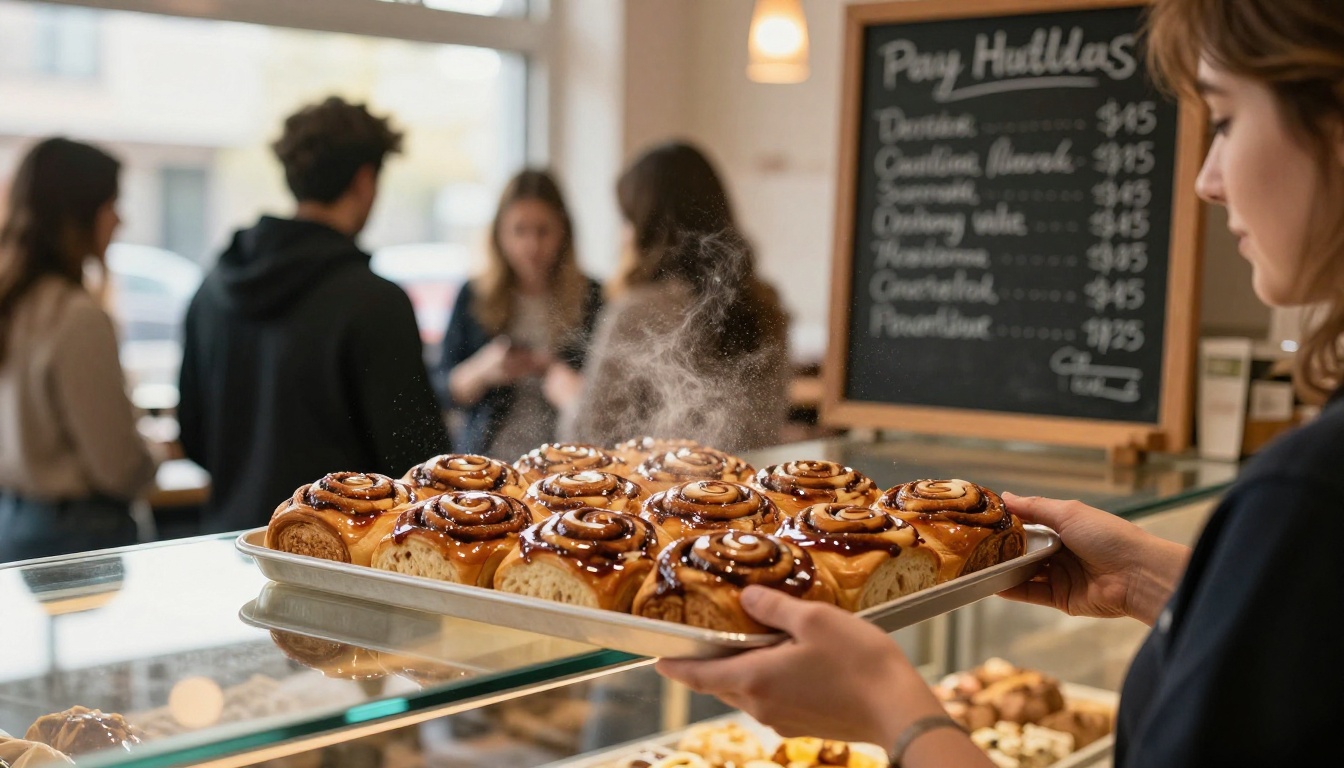 A bakery owner placing cinnamon rolls into a glass display case