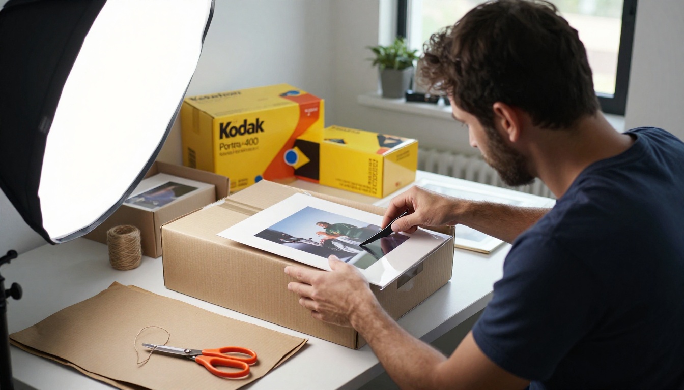 Photographer packing wrapped framed prints into a shipping box