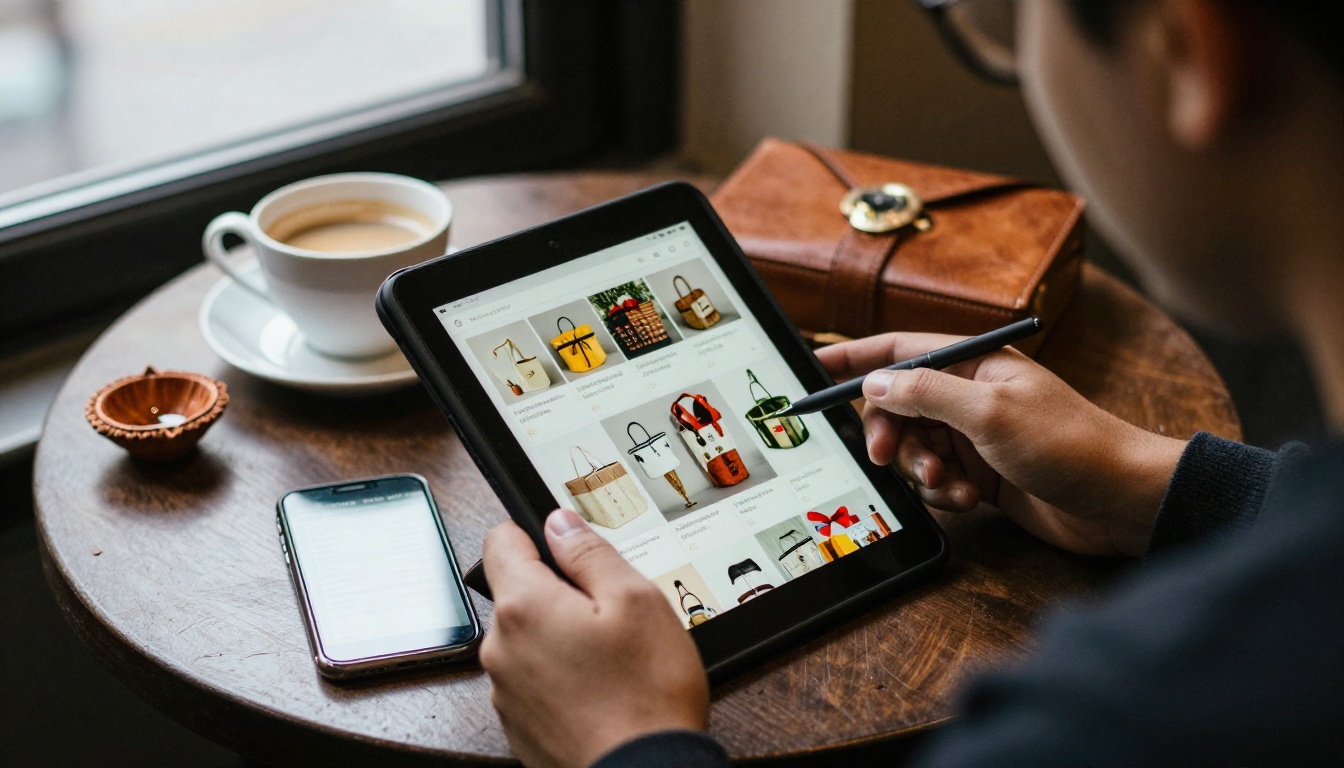 Person scrolling a digital gift hamper catalogue on a tablet Person scrolling a digital gift hamper catalogue on a tablet