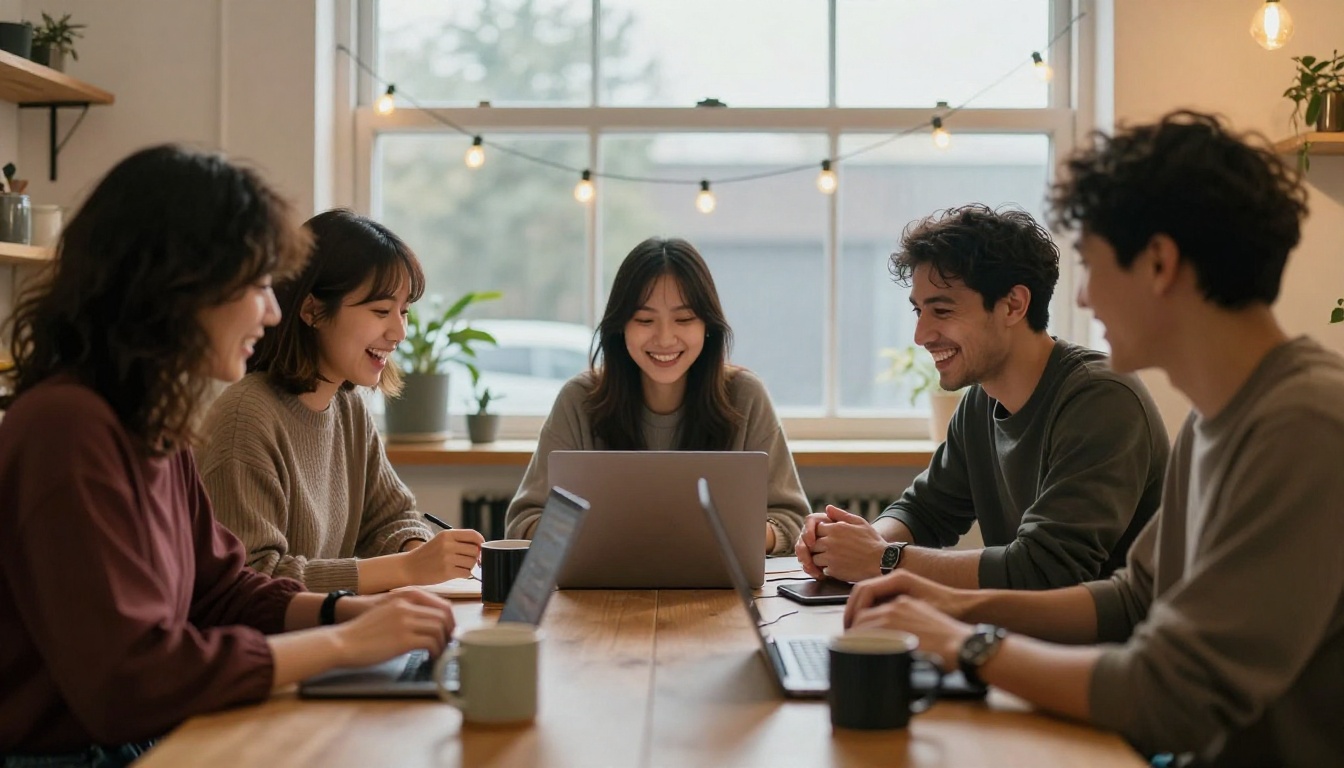 Small creative team celebrating around a studio table after a sale