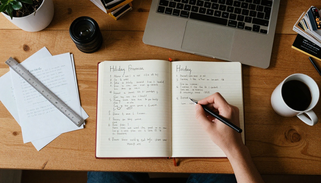 A planning desk with handwritten notes and printed postcards