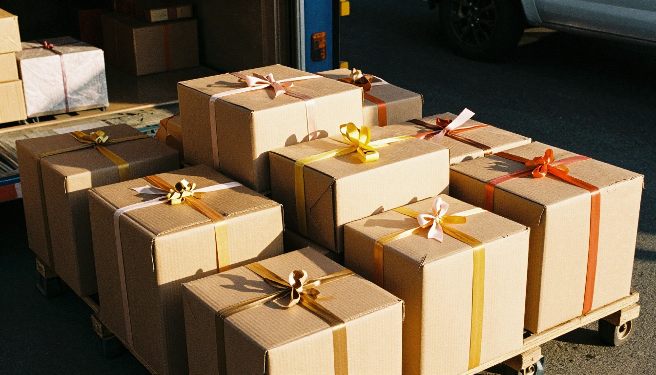 Courier loading wrapped Diwali gift boxes into delivery crates Courier loading wrapped Diwali gift boxes into delivery crates
