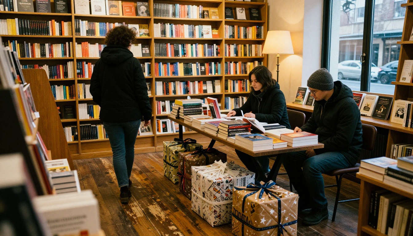 A bookstore staff member recommending a book to customers