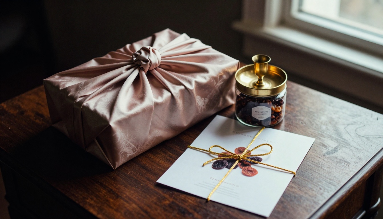 Premium Diwali hamper with silk-wrapped box, brass holder and gold thread card Premium Diwali hamper with silk-wrapped box, brass holder and gold thread card