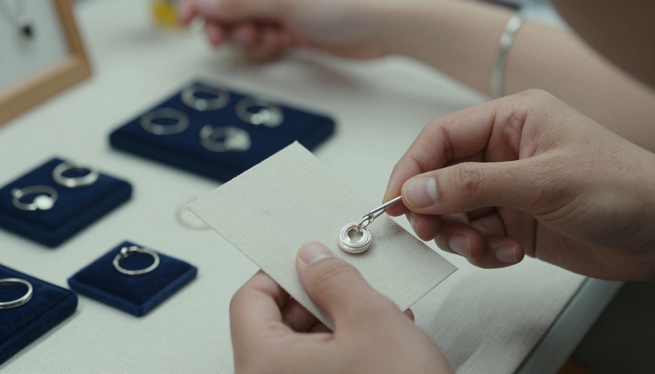 A jewelry maker placing a silver pendant on a linen display card