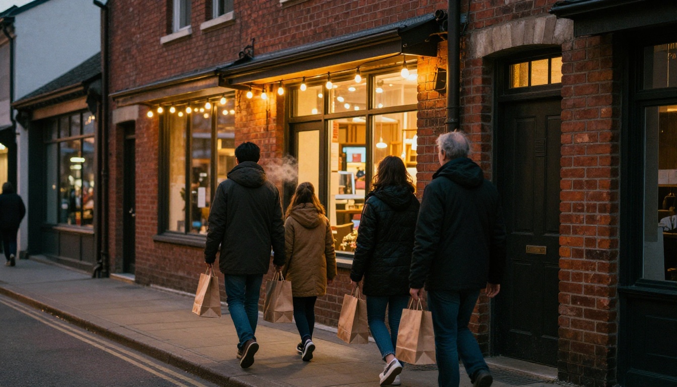 A family leaving a small shop with paper bags at dusk