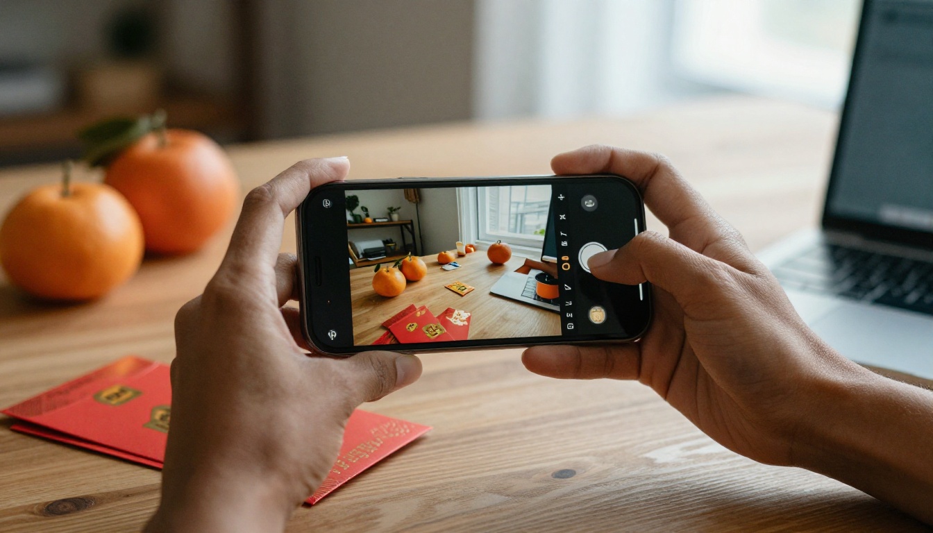 Hands holding a smartphone with a social media feed beside red envelopes and tangerines Hands holding a smartphone with a social media feed beside red envelopes and tangerines