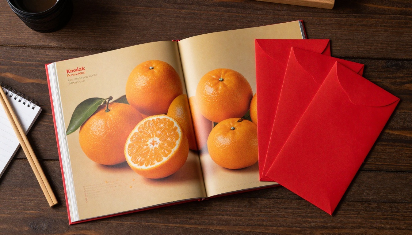 Flat lay of a red and gold printed catalog with mandarin oranges and red envelopes Flat lay of a red and gold printed catalog with mandarin oranges and red envelopes