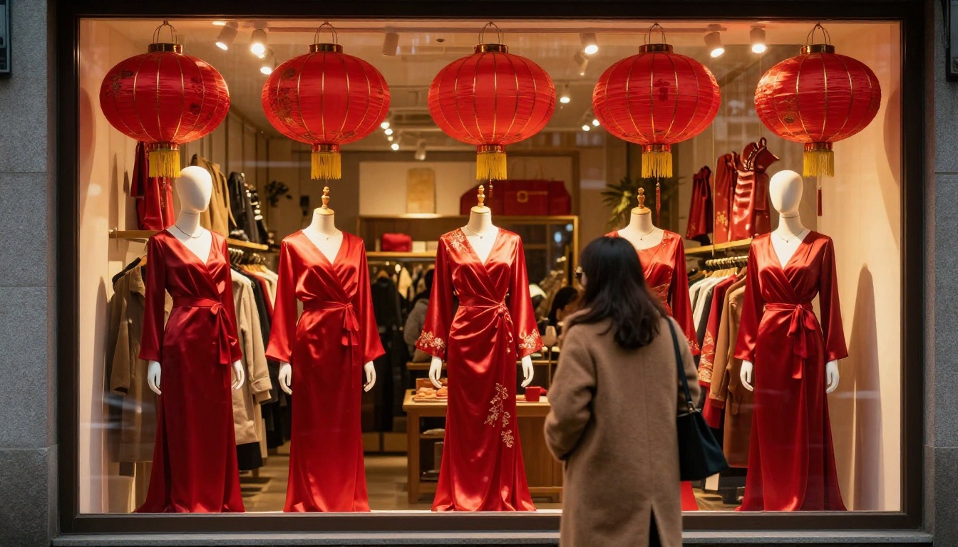 Shopper in a camel coat looking at a boutique window decorated with red lanterns and silk dresses Shopper in a camel coat looking at a boutique window decorated with red lanterns and silk dresses