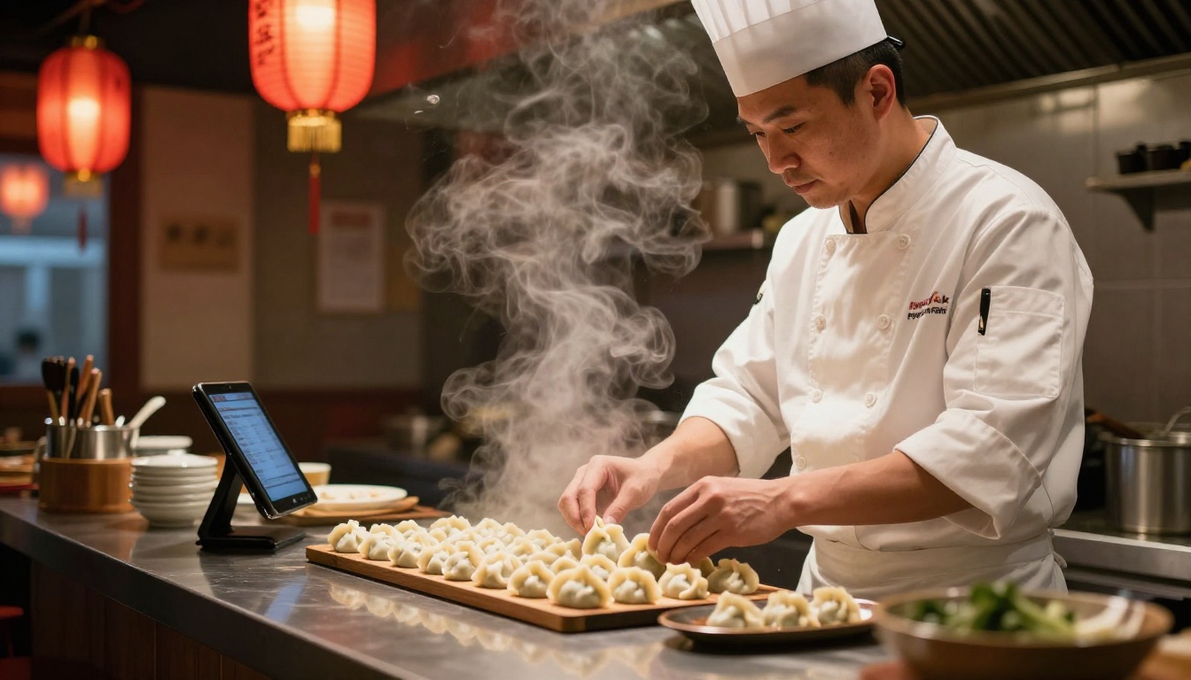 Chef plating dumplings in a warm restaurant kitchen with red lanterns Chef plating dumplings in a warm restaurant kitchen with red lanterns