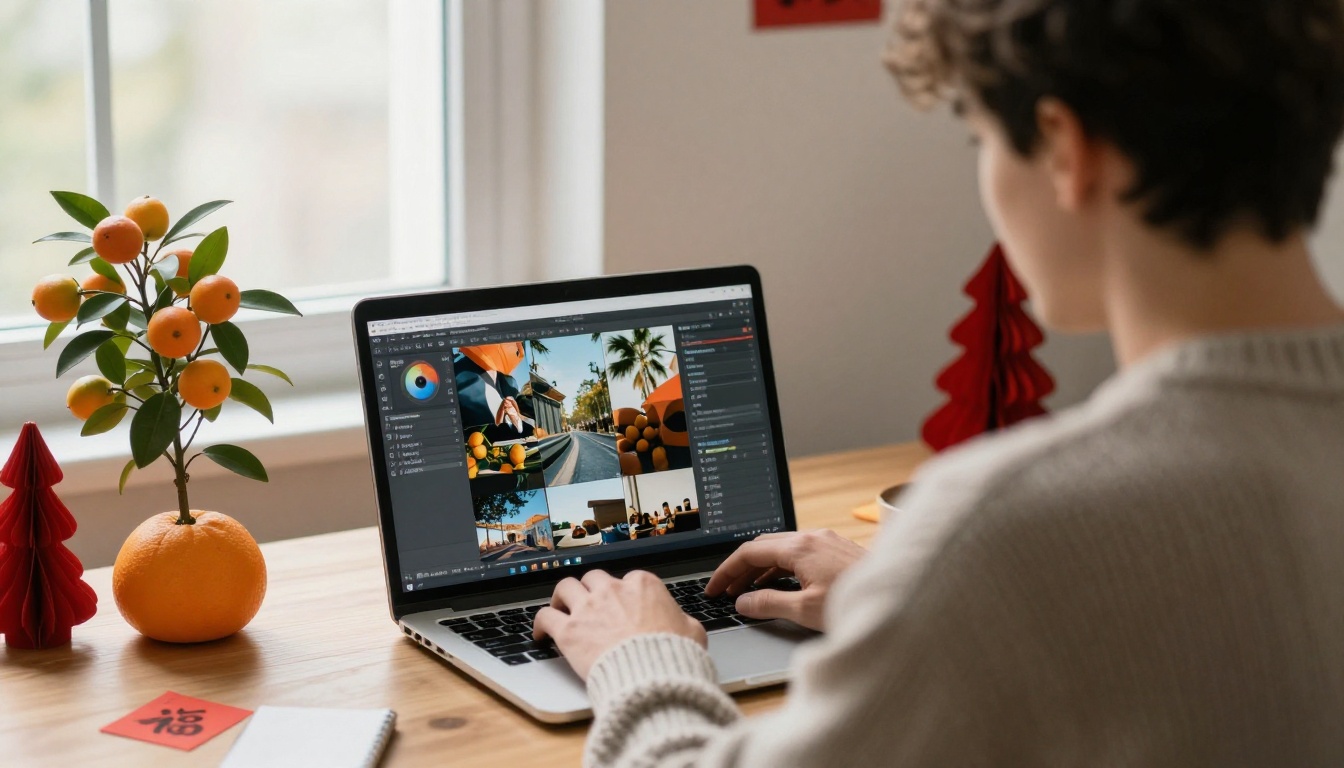 Young man editing a photo gallery on a laptop beside a small kumquat tree Young man editing a photo gallery on a laptop beside a small kumquat tree