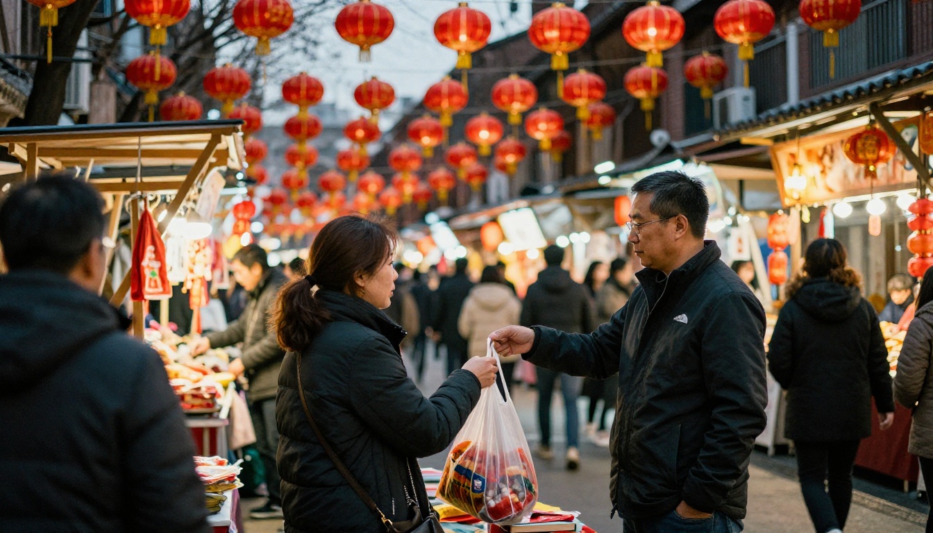 Busy night market with strings of red lanterns and people browsing stalls Busy night market with strings of red lanterns and people browsing stalls