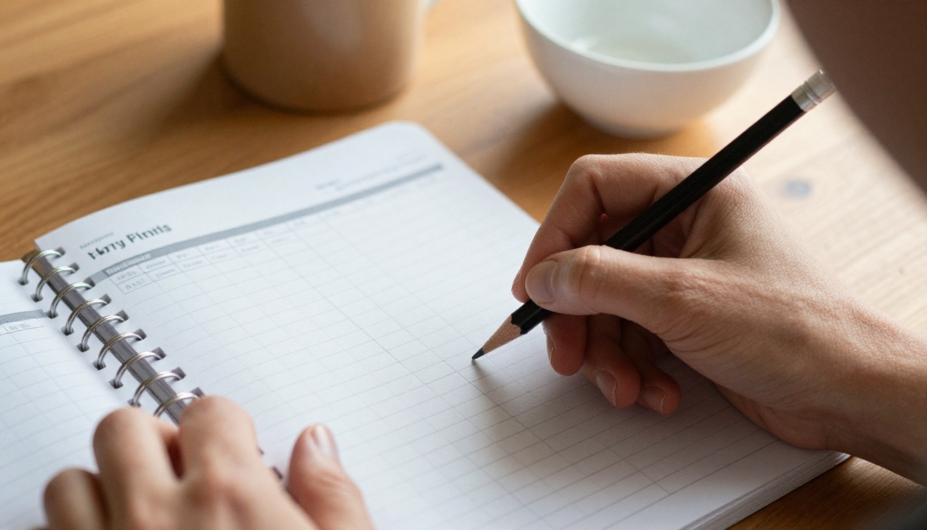 Woman ticking a daily fasting tracker in a printed planner Woman ticking a daily fasting tracker in a printed planner