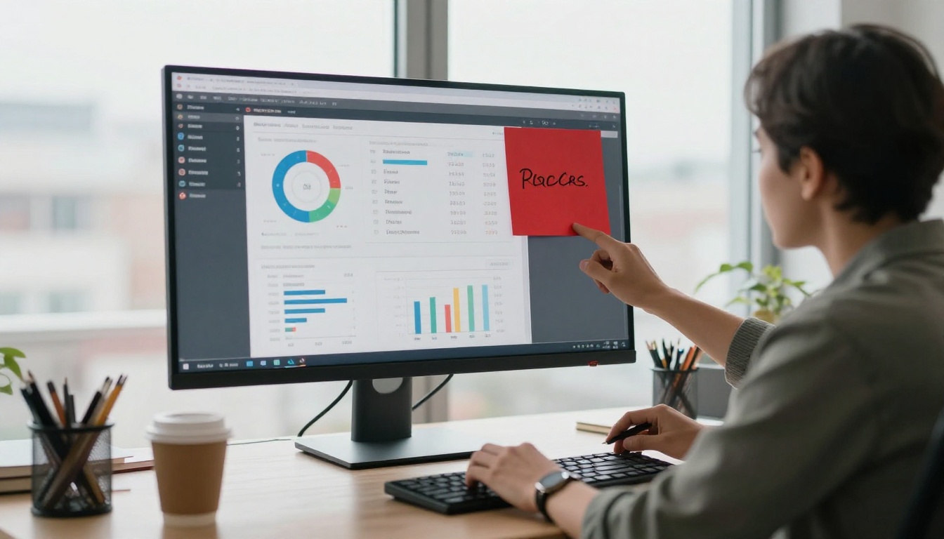 Marketing manager reviewing analytics charts on a large monitor in a decorated office Marketing manager reviewing analytics charts on a large monitor in a decorated office