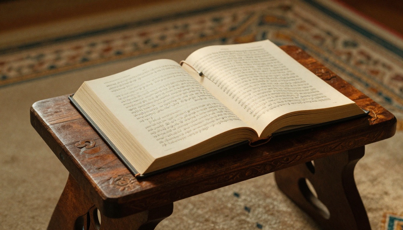 Open Quran on a wooden stand with a reflection notebook Open Quran on a wooden stand with a reflection notebook