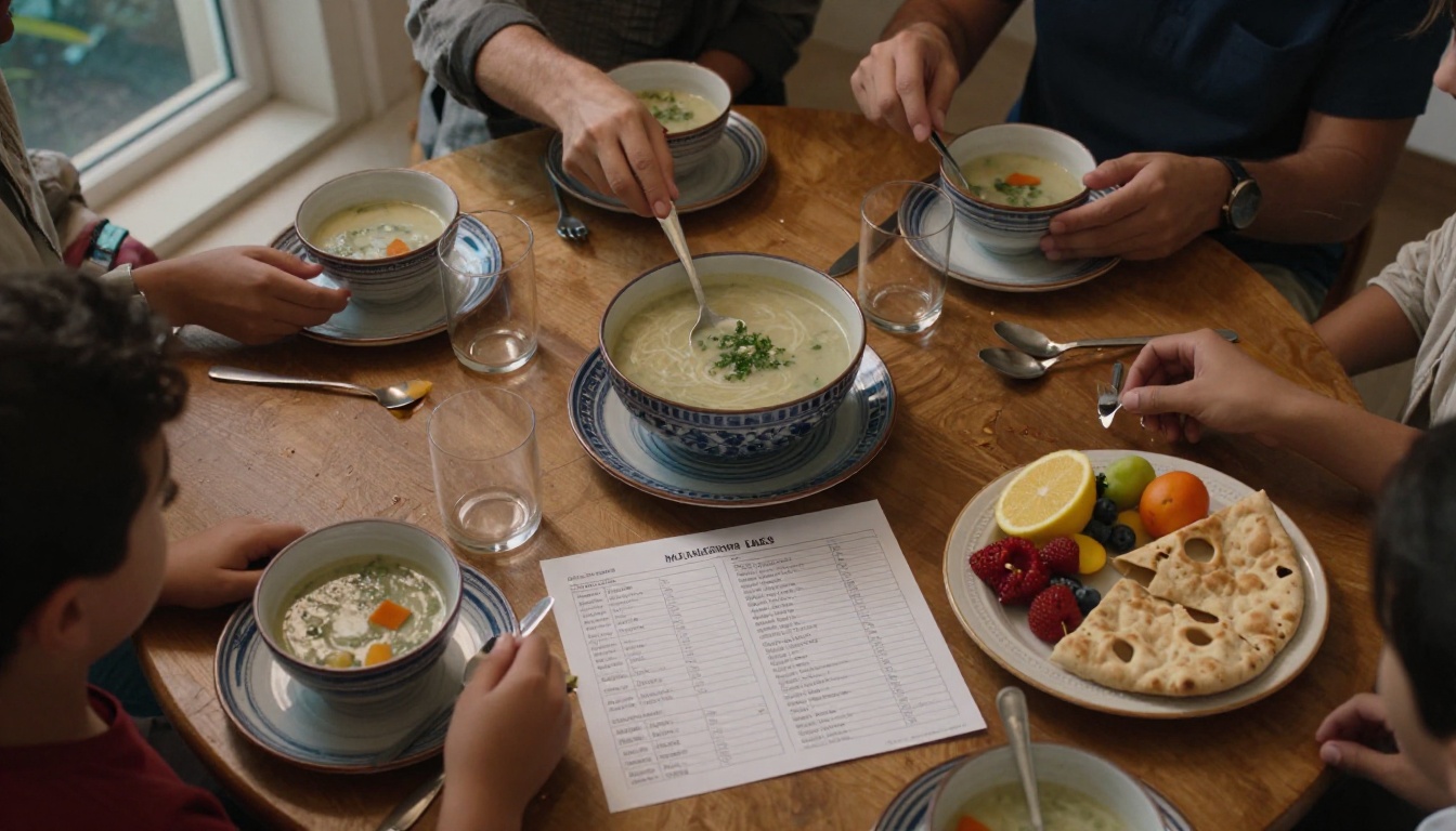 Iftar table with dates, soup and a printed meal plan Iftar table with dates, soup and a printed meal plan