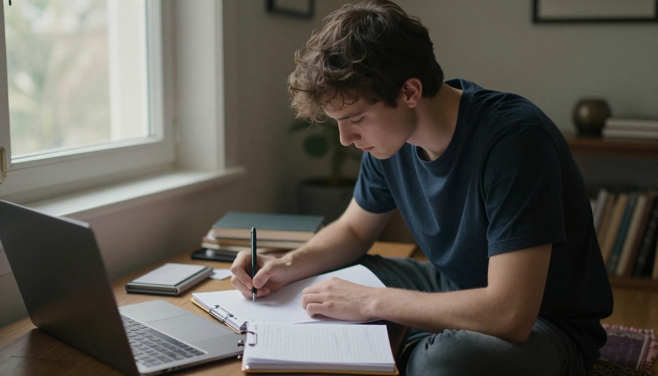 Man writing goals in a planner on a prayer rug Man writing goals in a planner on a prayer rug