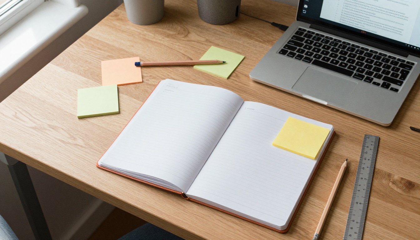 Overhead flat lay of a desk with notebooks, pencils and a laptop showing a catalogue layout Overhead flat lay of a desk with notebooks, pencils and a laptop showing a catalogue layout