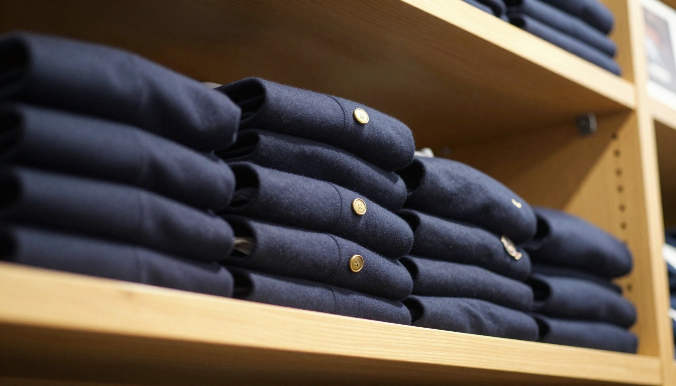 Neatly folded navy school blazers and white shirts stacked on a wooden shelf Neatly folded navy school blazers and white shirts stacked on a wooden shelf