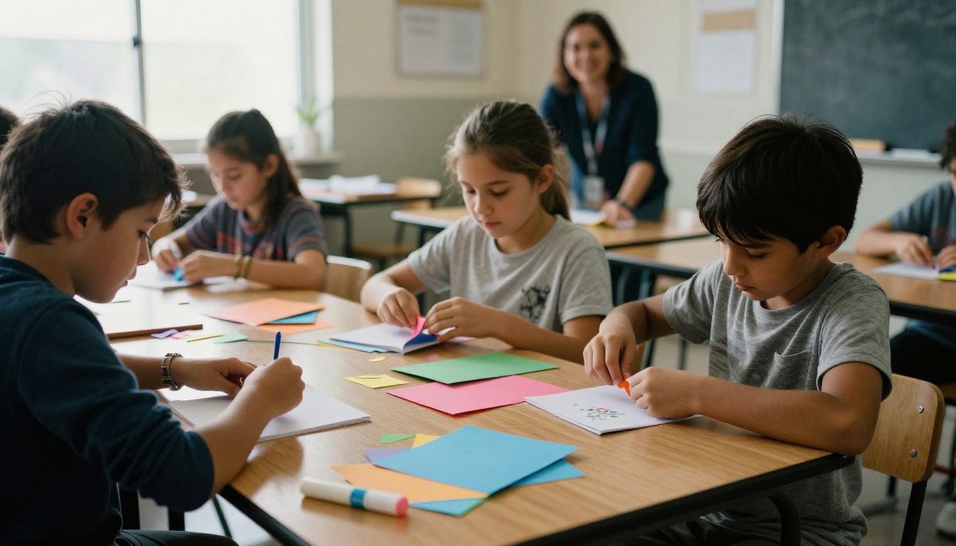 Kids folding paper booklets classroom