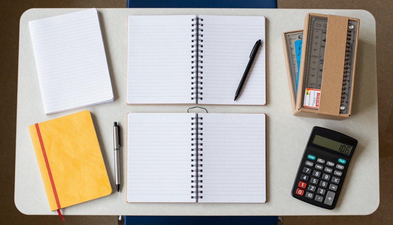 Top-down view of a school supply kit with notebooks, pens, a geometry set and a calculator Top-down view of a school supply kit with notebooks, pens, a geometry set and a calculator