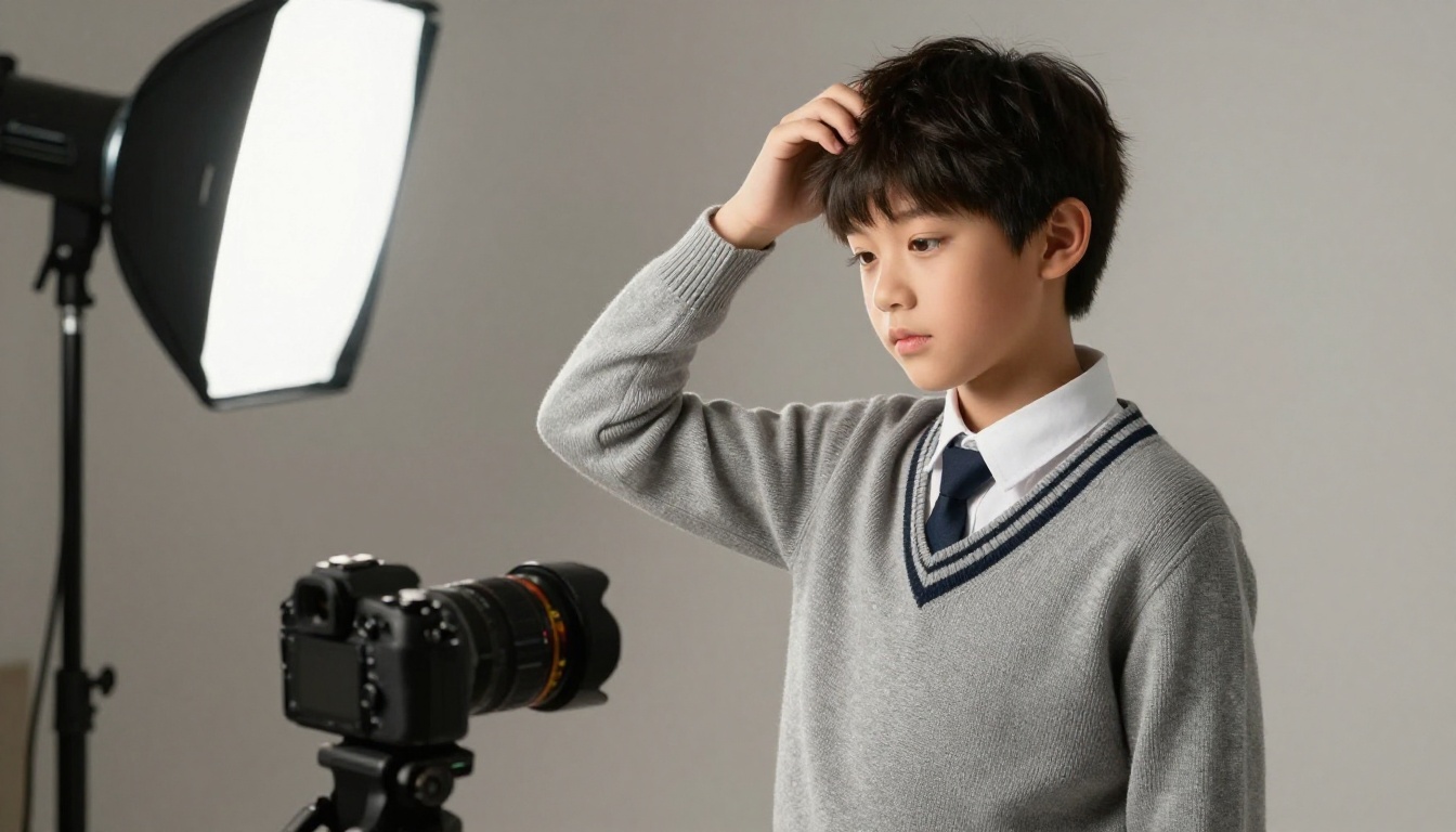 Uniform catalogue photo shoot with a boy in a grey sweater and tie in front of a plain wall Uniform catalogue photo shoot with a boy in a grey sweater and tie in front of a plain wall