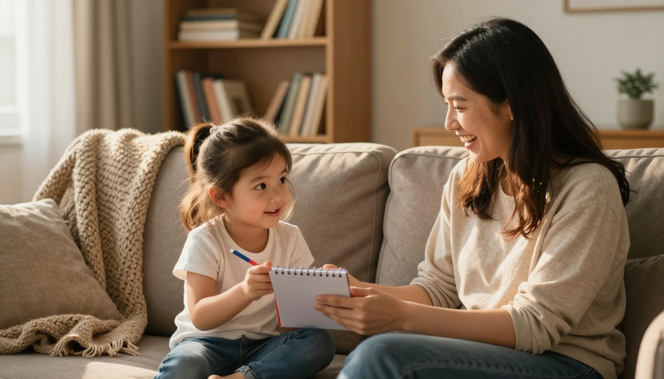 Child interviewing mom for book page