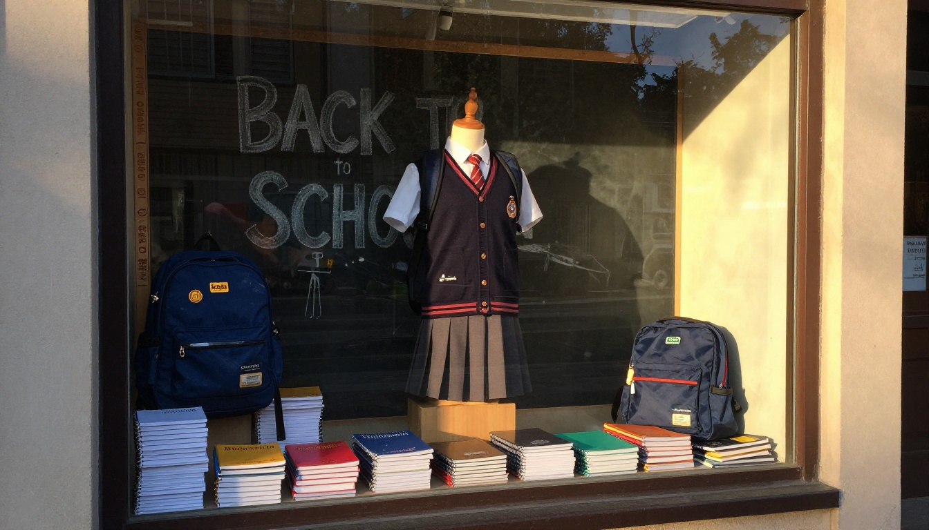 Back to school shop window display with stacked notebooks, a uniform mannequin and hanging backpacks Back to school shop window display with stacked notebooks, a uniform mannequin and hanging backpacks