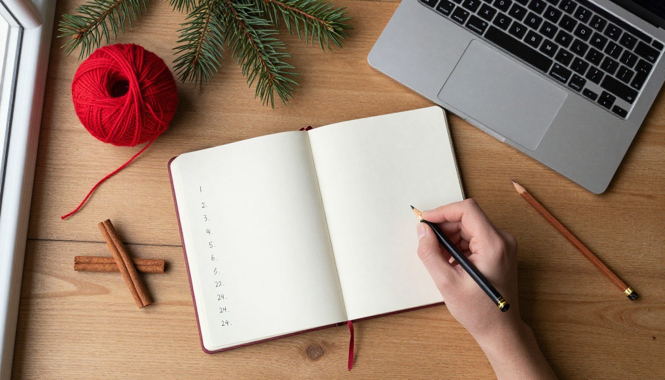 Overhead view of a desk with a laptop, notebook and pine sprigs used to plan an advent calendar Overhead view of a desk with a laptop, notebook and pine sprigs used to plan an advent calendar