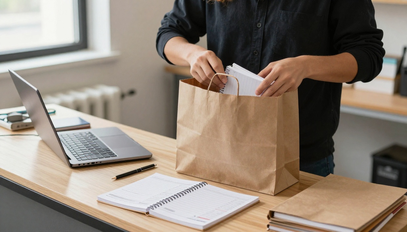 Shop owner packing an order of notebooks and uniform items into a paper bag at the counter Shop owner packing an order of notebooks and uniform items into a paper bag at the counter
