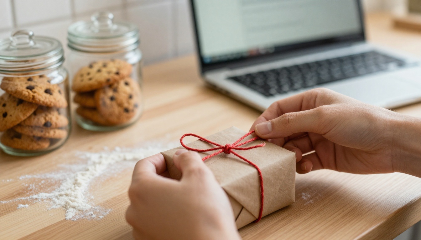 Hands wrapping a small gift in kraft paper with red twine on a kitchen table Hands wrapping a small gift in kraft paper with red twine on a kitchen table