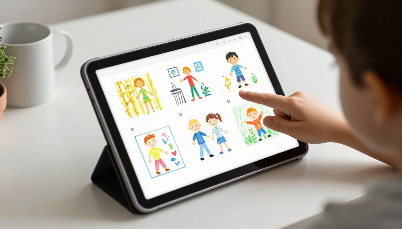 Digital flipbook of kids drawings on tablet