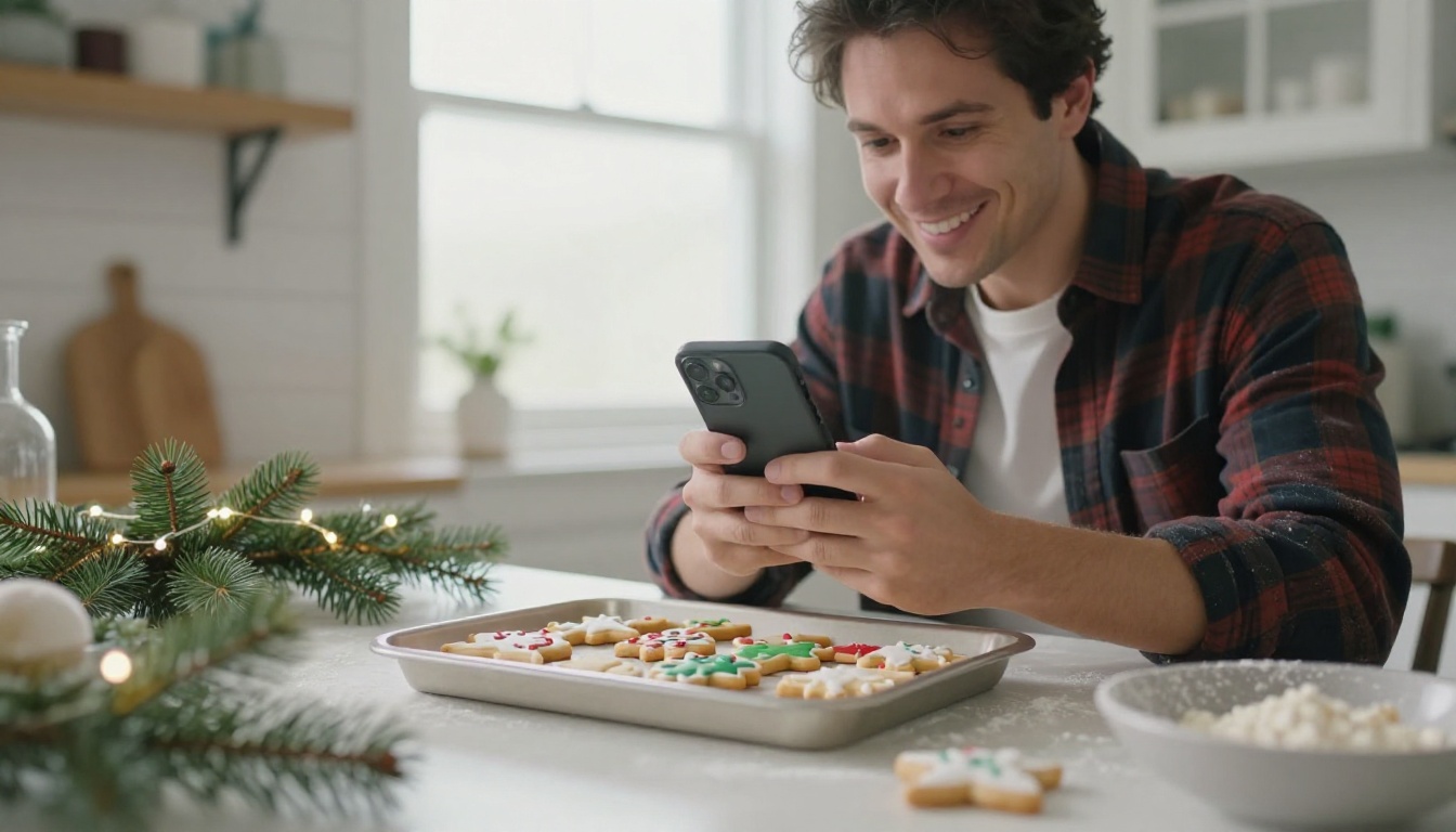 Man in a flannel shirt photographing a decorated cookie tray with a smartphone Man in a flannel shirt photographing a decorated cookie tray with a smartphone