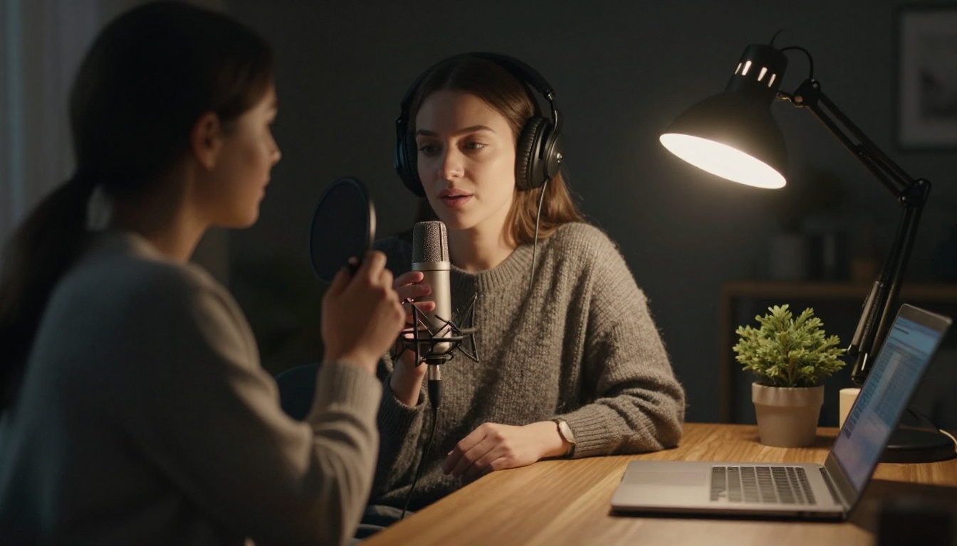 Woman recording a voice message into a microphone at a home desk Woman recording a voice message into a microphone at a home desk