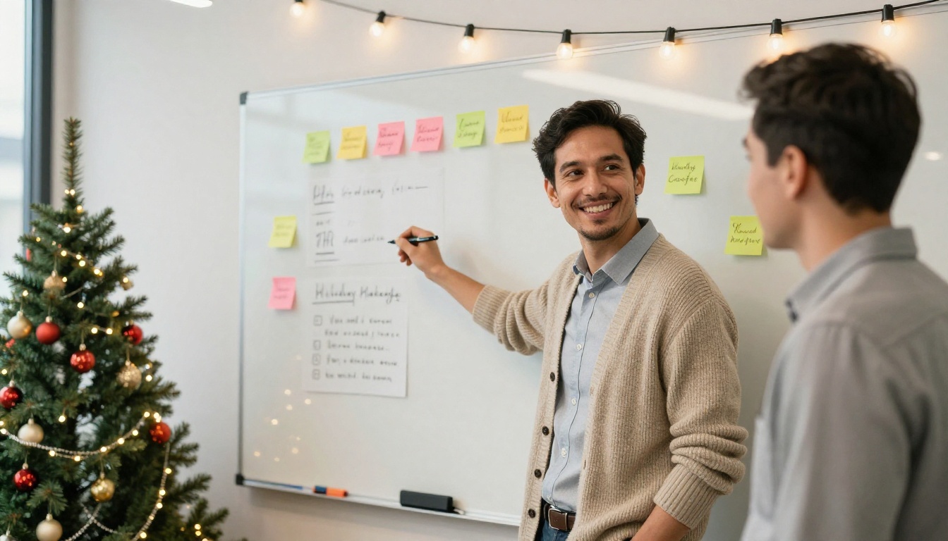 HR manager brainstorming newsletter sections with sticky notes on a whiteboard HR manager brainstorming newsletter sections with sticky notes on a whiteboard