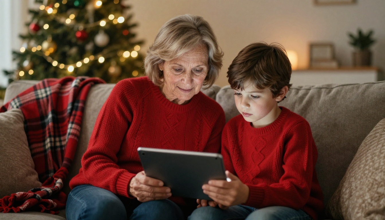 Grandmother and grandchild in matching red sweaters looking at a tablet together on a sofa Grandmother and grandchild in matching red sweaters looking at a tablet together on a sofa