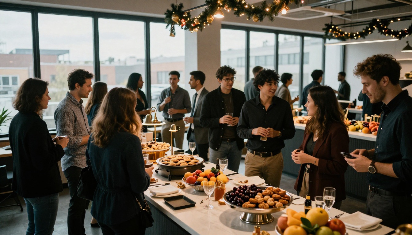 Wide view of an office holiday party with colleagues around a buffet table Wide view of an office holiday party with colleagues around a buffet table