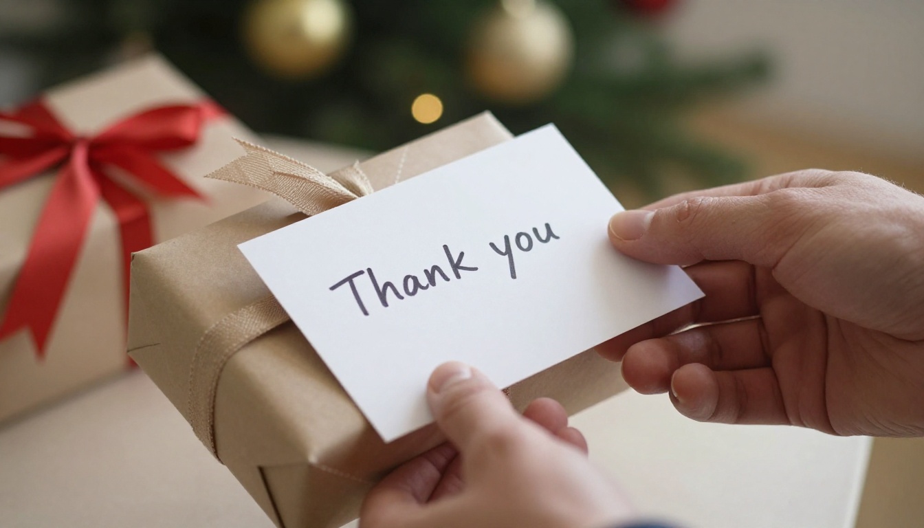 Two coworkers exchanging a wrapped gift and a thank-you card Two coworkers exchanging a wrapped gift and a thank-you card