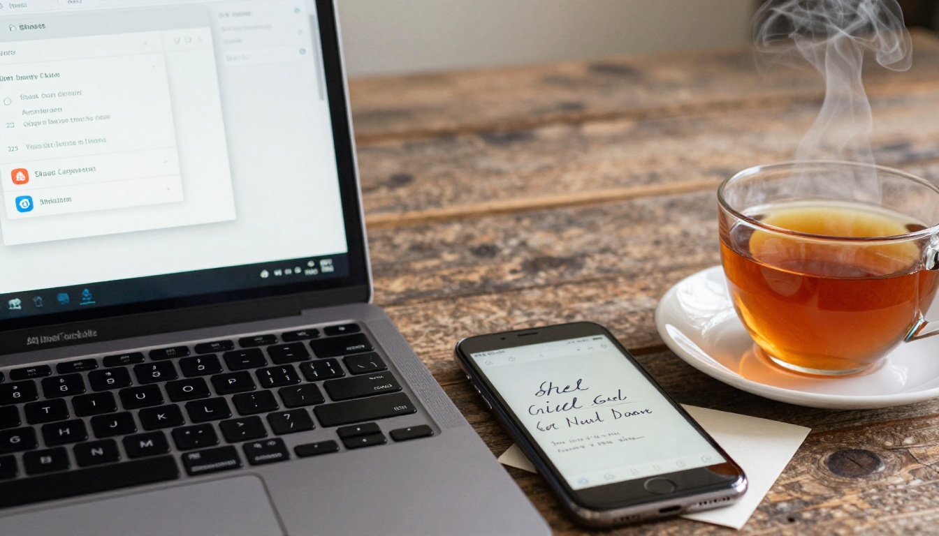 Laptop on a rustic table showing a sharing dialog beside a phone, tea and a Christmas card Laptop on a rustic table showing a sharing dialog beside a phone, tea and a Christmas card