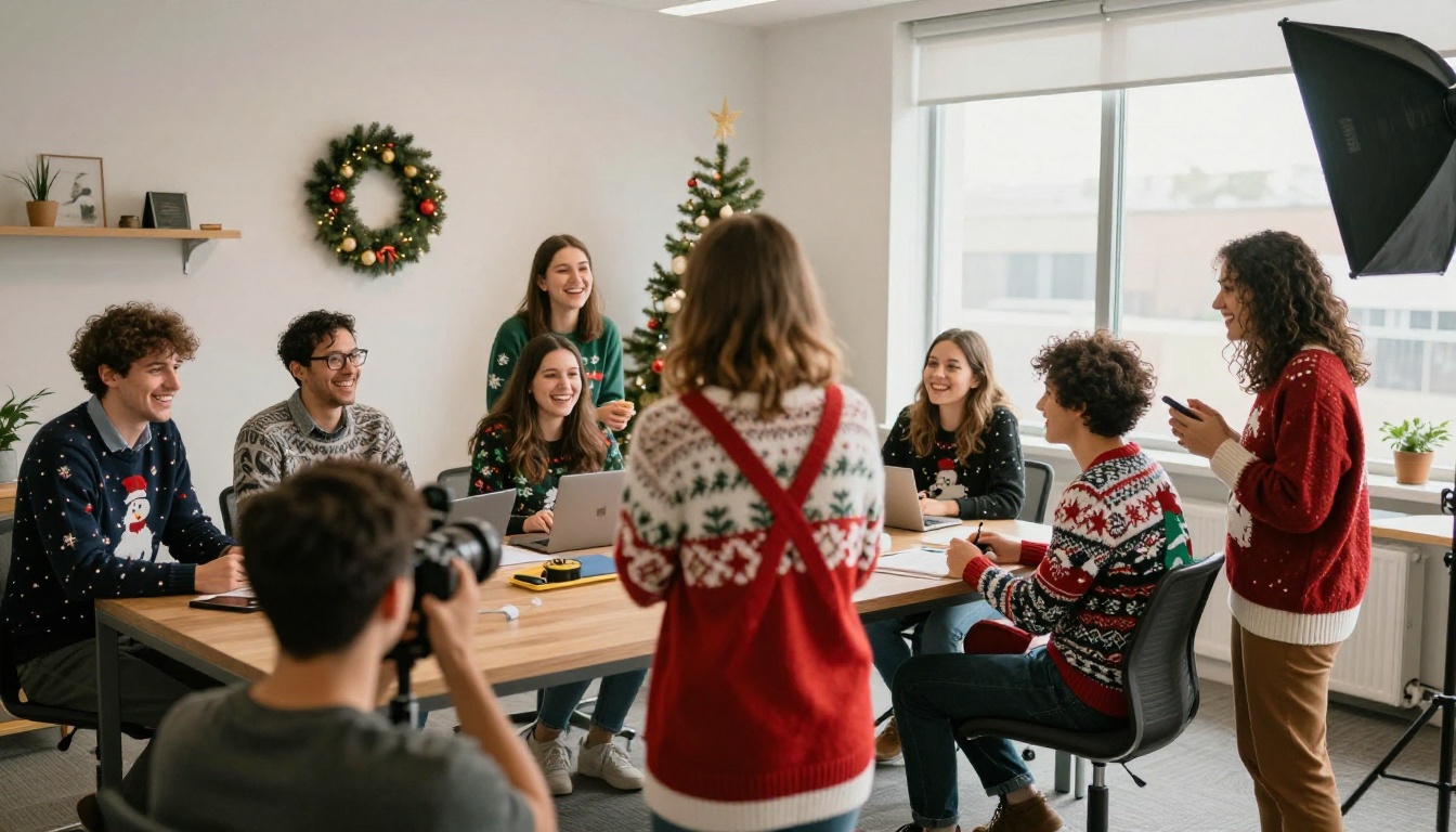 Group of coworkers in Christmas sweaters posing for a team photo Group of coworkers in Christmas sweaters posing for a team photo