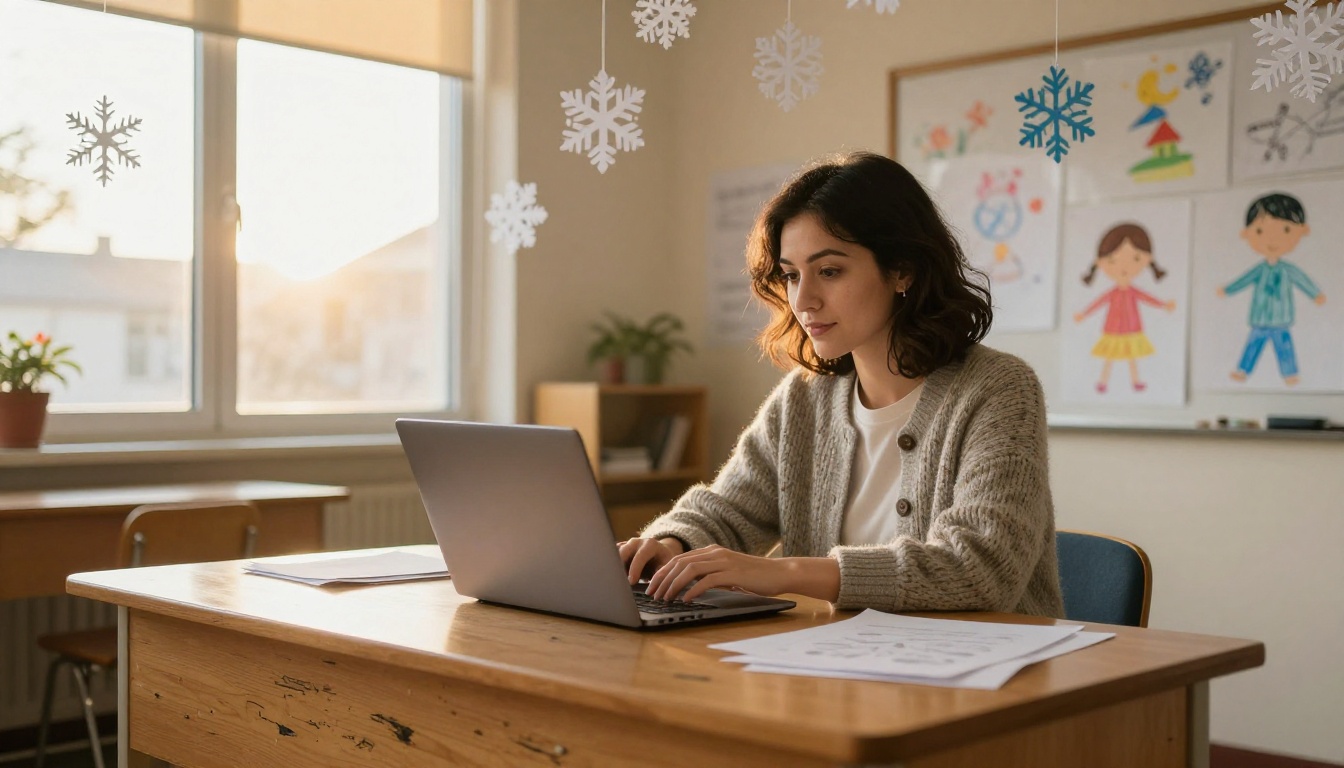 Teacher at a desk with a laptop in a decorated December classroom Teacher at a desk with a laptop in a decorated December classroom