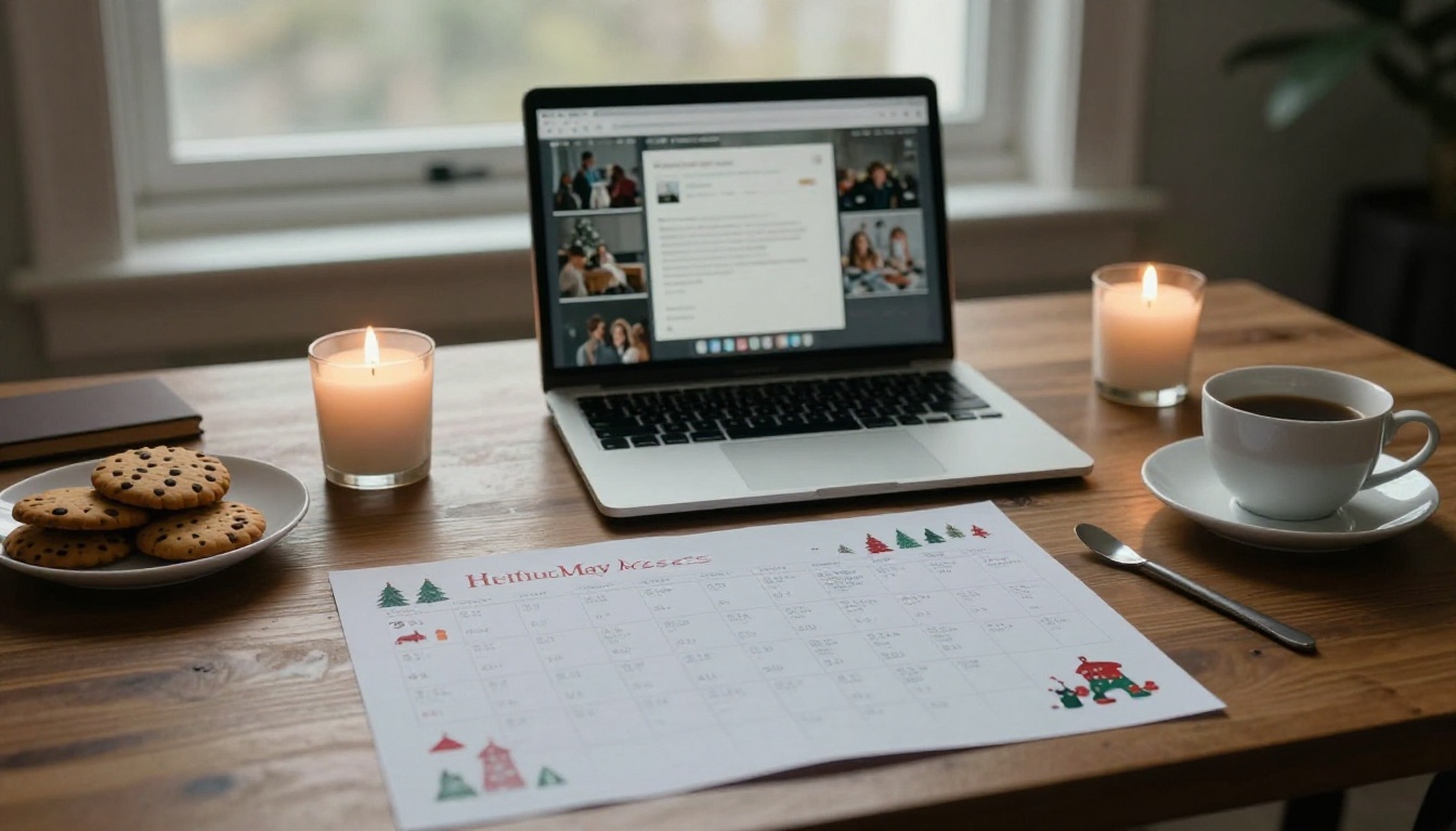 Overhead view of printed holiday schedules and a laptop showing a digital page-flip magazine Overhead view of printed holiday schedules and a laptop showing a digital page-flip magazine