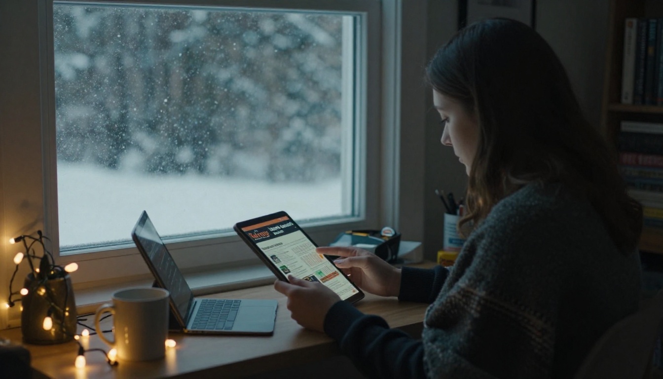 Remote worker reading a company holiday newsletter on a tablet while snow falls outside Remote worker reading a company holiday newsletter on a tablet while snow falls outside