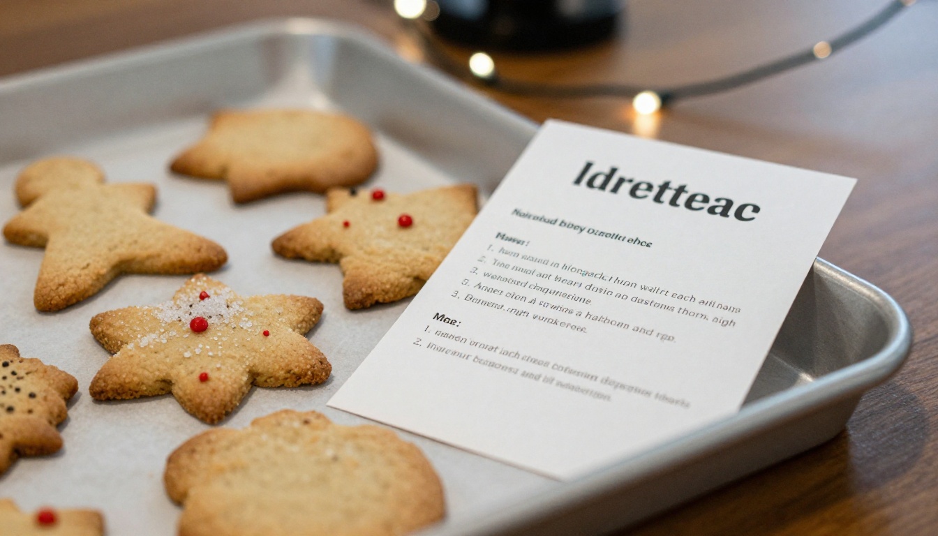 Tray of homemade holiday cookies with a recipe card in an office break room Tray of homemade holiday cookies with a recipe card in an office break room