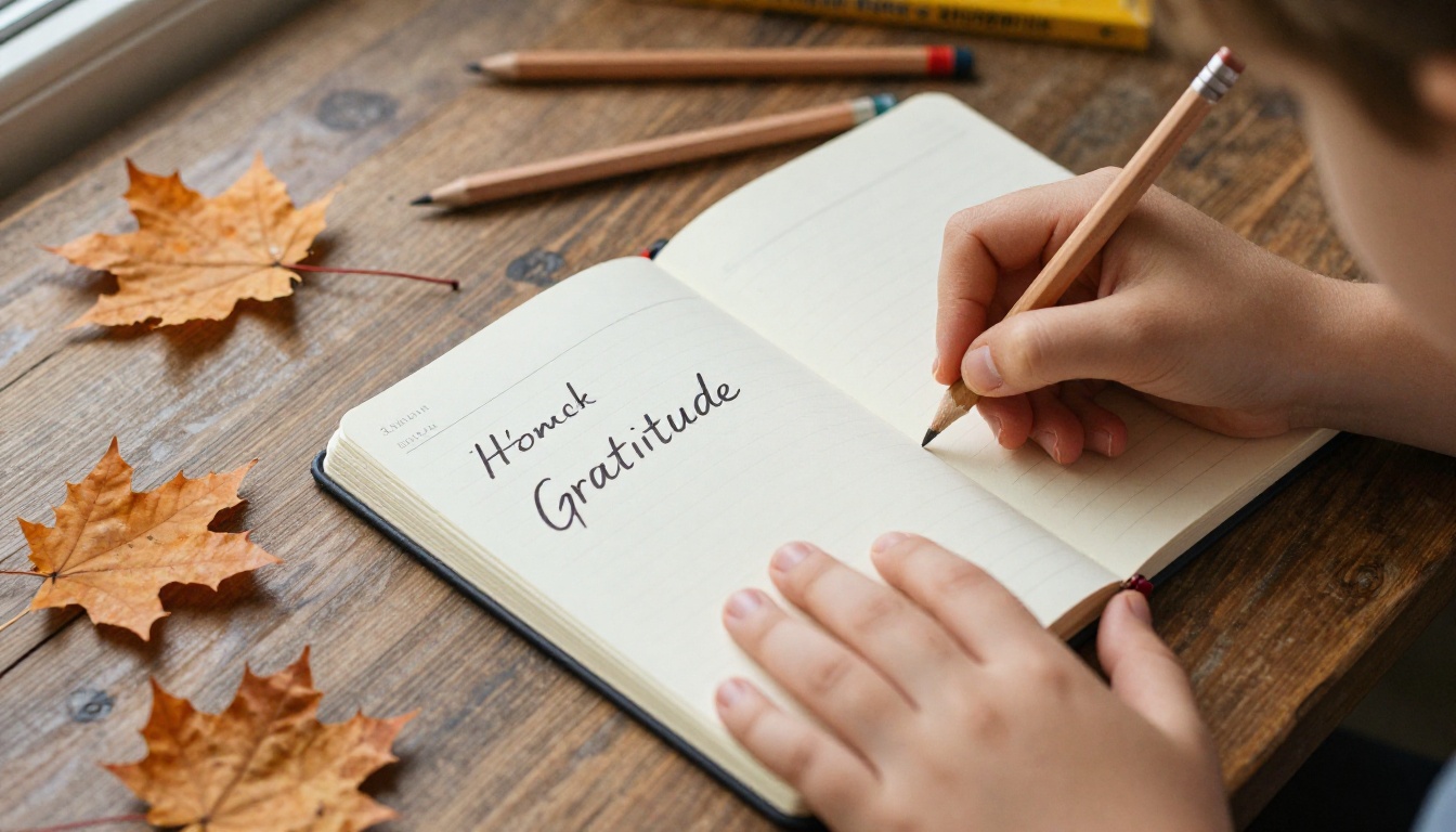 Child's hands writing in a gratitude journal