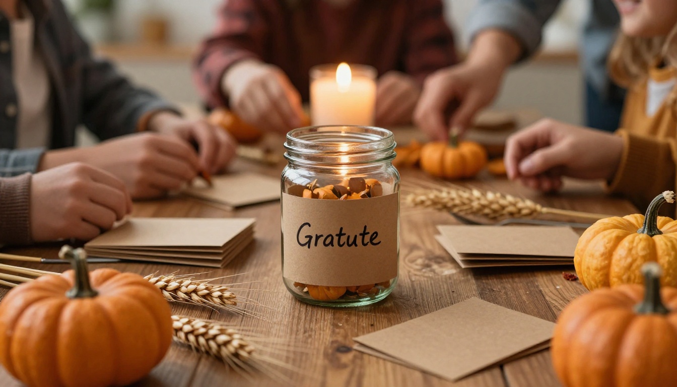 Gratitude jar with handwritten cards on a Thanksgiving table