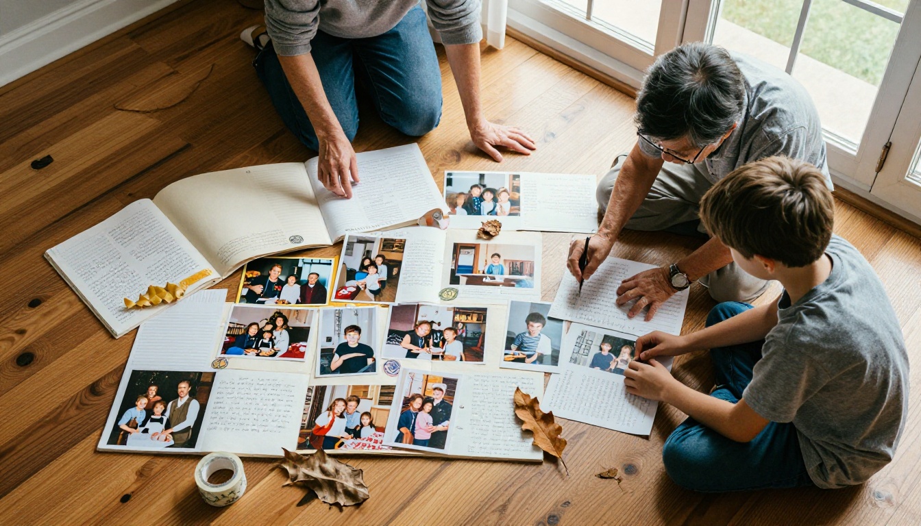 Family scrapbook spread with photos and handwritten notes