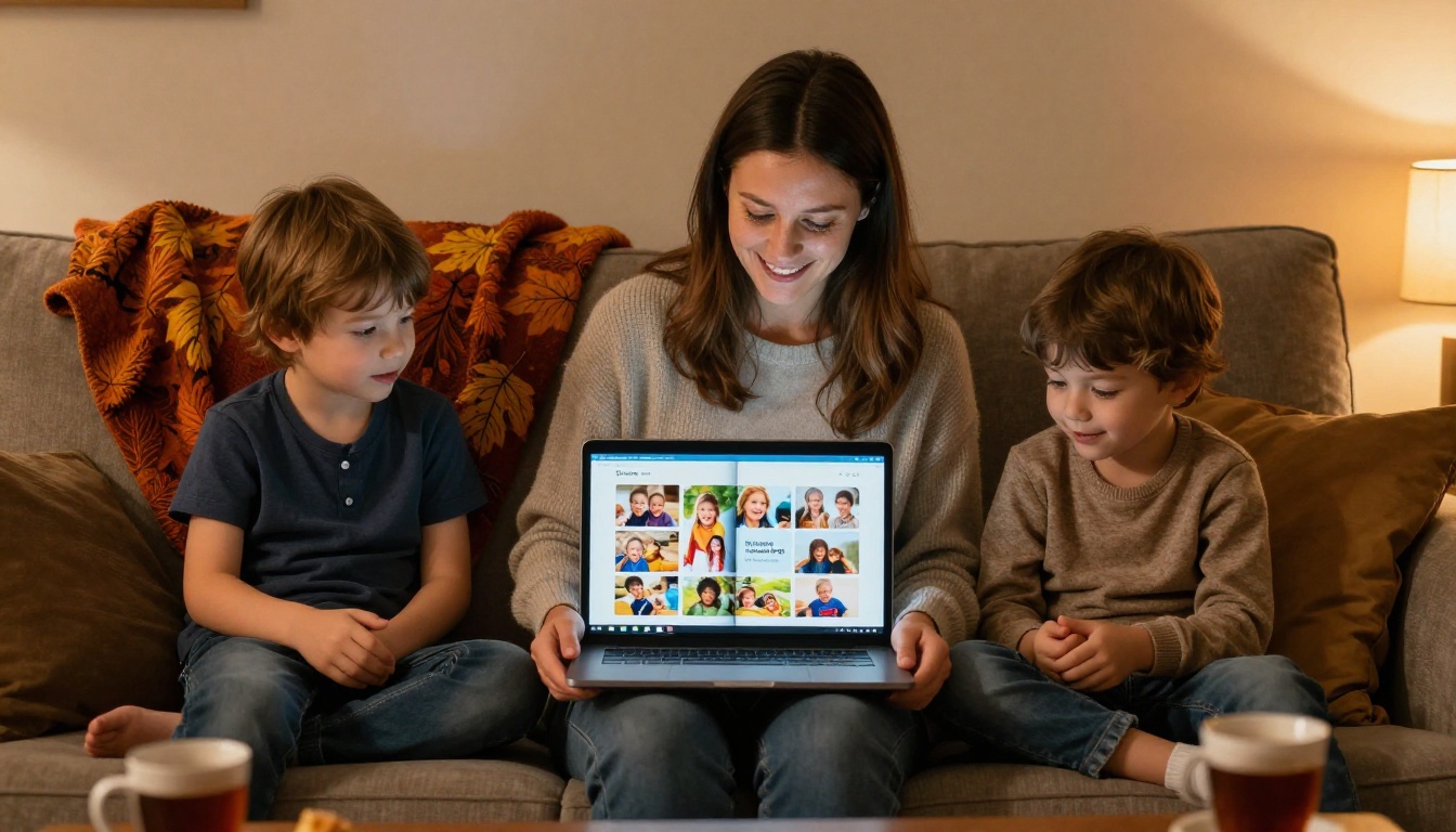 Mother and kids viewing a digital page-turning family book